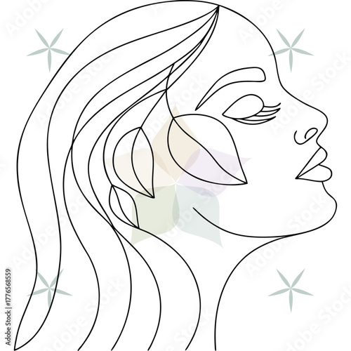 Minimalist Line Art Woman Profile with Leaves Stars face abstract beauty single lineart