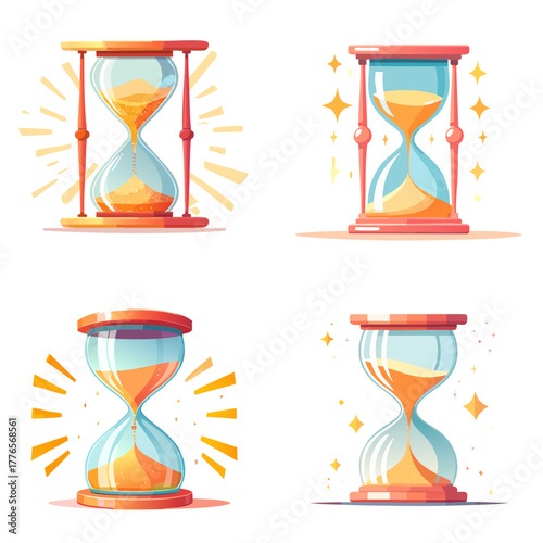 Hourglass Illustrations Set — glowing vector sand timers with dynamic highlights and stylized details