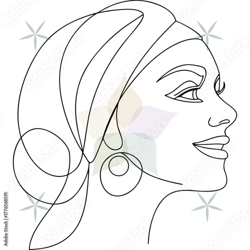 Elegant Woman Profile with Turban Swirls Line Art abstract beauty single lineart face head