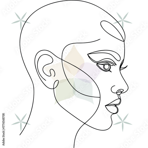 Minimalist continuous line drawing a woman's profile with subtle floral elements abstract beauty single lineart