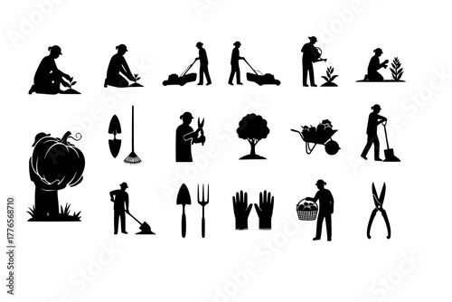 Gardening Silhouettes Pack: A diverse collection of silhouettes showcasing various gardening activities and tools, from planting to maintenance and harvesting.