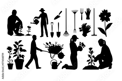 Gardening Silhouettes Pack: A diverse collection of silhouettes showcasing various gardening activities and tools, from planting to maintenance and harvesting.