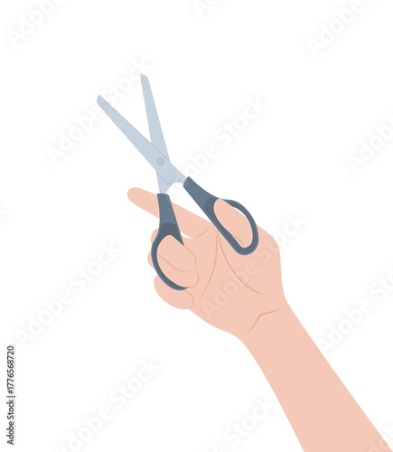 Female hand holding stationery scissors, isolated on white background. Flat vector illustration