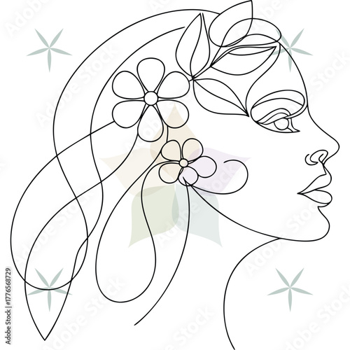 Continuous line art a woman's profile adorned with flowers leaves in her abstract beauty single lineart
