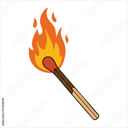 burning match stick with bright flame vector art isolated on white background