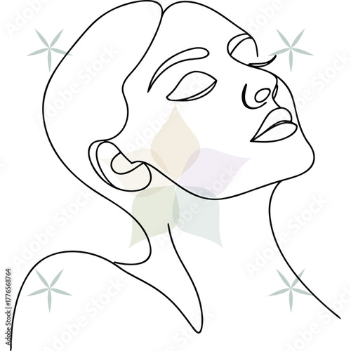Abstract continuous line drawing a woman's face looking upwards with closed eyes abstract beauty single lineart