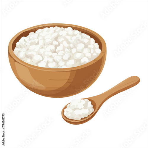 fresh cottage cheese in plate with spoon vector art isolated on white background