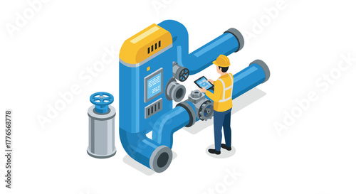 Industrial engineer monitoring smart factory equipment with digital tablet in isometric style