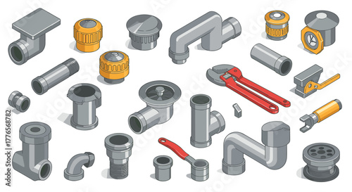 Plumbing tools and fittings collection in isometric style