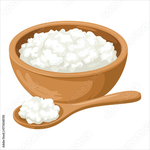 fresh cottage cheese in plate with spoon vector art isolated on white background
