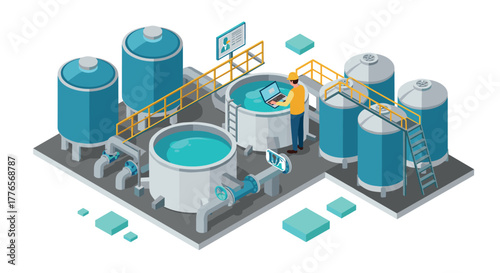 Isometric industrial facility with worker reviewing data on digital tablet