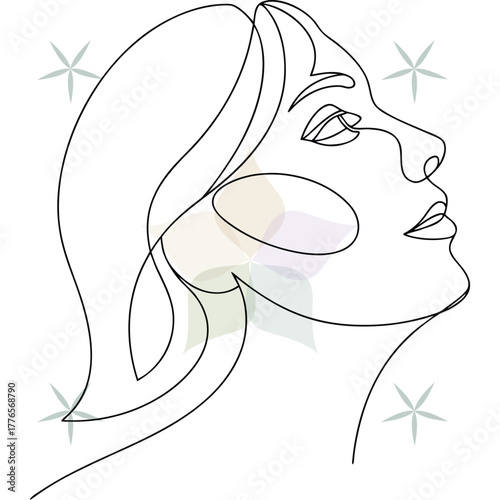 Elegant continuous line drawing a woman's profile with flowing hair subtle abstract beauty single lineart