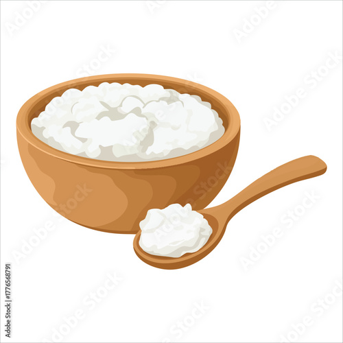 fresh cottage cheese in plate with spoon vector art isolated on white background