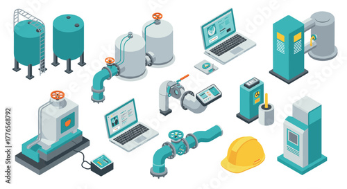 Isometric industrial equipment and technology set with machinery and devices