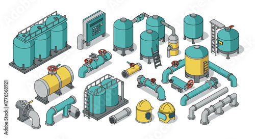 Isometric industrial equipment set featuring tanks, pipes, and valves in blue and yellow