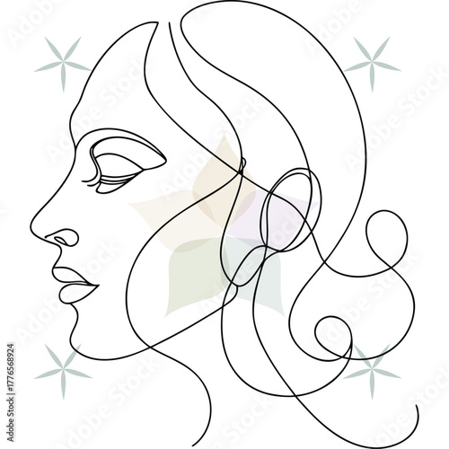 Woman Portrait With Curly Hair Continuous Line Art wavy abstract beauty single lineart