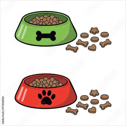 pet bowl filled with bone shaped crisps vector art isolated on white background