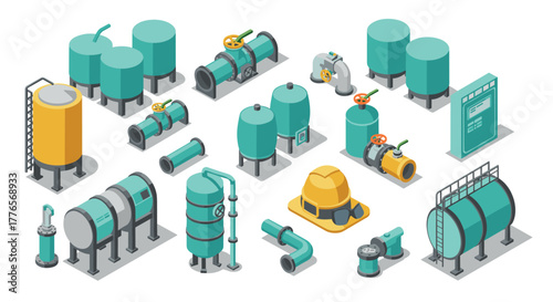 Isometric industrial equipment set with tanks, pipes, and valves