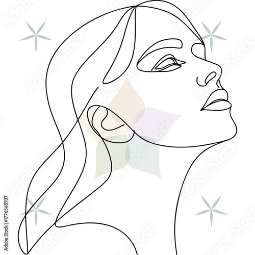 Continuous line art a woman's face with her head tilted back eyes closed in abstract beauty single lineart