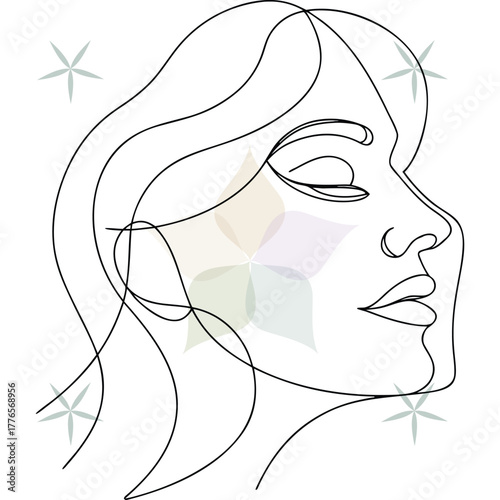 Minimalist continuous line drawing a woman's profile with closed eyes floral abstract beauty single lineart