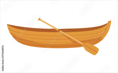 classic wooden rowboat with single paddle vector art isolated on white background