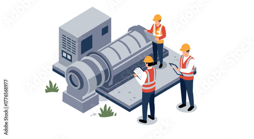 Engineers in isometric style inspecting industrial machinery for safety and efficiency