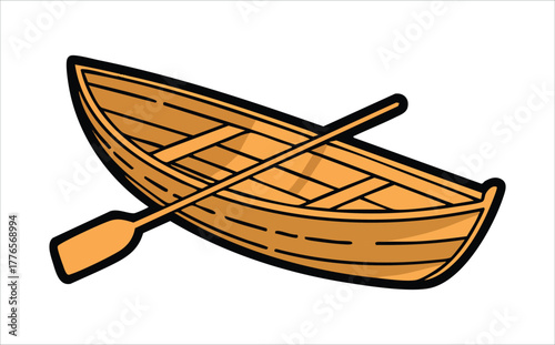 classic wooden rowboat with single paddle vector art isolated on white background