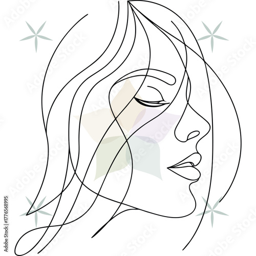 Minimalist continuous line drawing a woman's profile with flowing hair abstract beauty single lineart