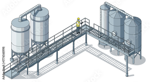 Isometric industrial facility with worker on elevated walkway