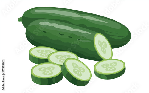 fresh cucumber shown whole sliced and cubed vector art isolated on white background
