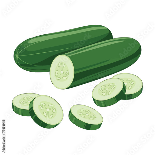 fresh cucumber shown whole sliced and cubed vector art isolated on white background