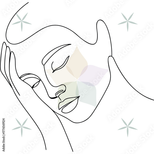 Single line drawing a pensive woman's face with hand cheek stars line art abstract beauty single lineart