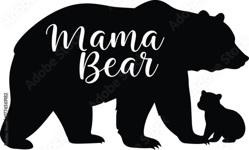 Mama bear silhouette, baby bear illustration, mother and cub, wildlife family art, protective animal design, black bear graphic, nurturing love