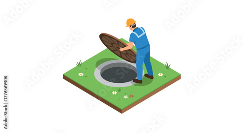 Worker opening manhole in isometric style on grass patch