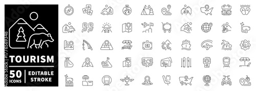 Tourism icons set. editable line icons, outline, vacation, travel, adventure symbols
