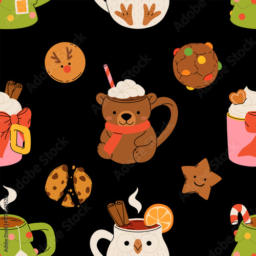 Seamless Christmas pattern with cute mugs of hot chocolate, coffee, whipped cream, gingerbread cookies, and festive sweets. Cozy winter holiday vector illustration.