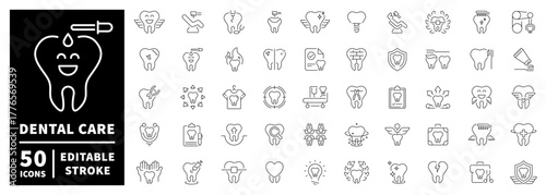 Dental care icons set. editable line icons, linear, teeth and oral health symbols