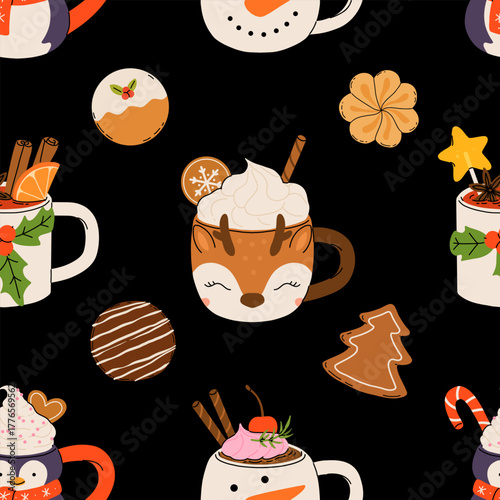Seamless Christmas pattern with cute mugs of hot chocolate, coffee, whipped cream, gingerbread cookies, and festive sweets. Cozy winter holiday vector illustration.