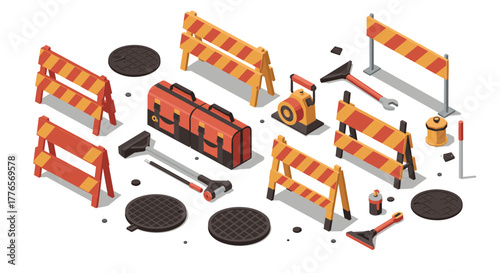 Isometric construction equipment set with road barriers and tools for site safety