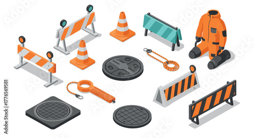 Isometric construction safety and barrier equipment icon set