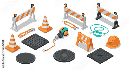 Isometric construction site tools and safety equipment set