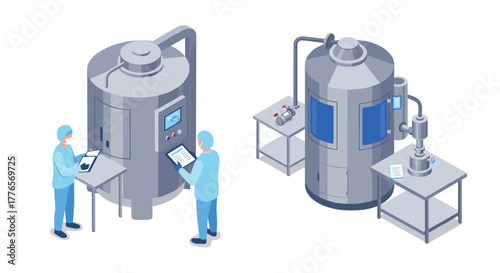 Industrial isometric design of modern manufacturing technology with engineers