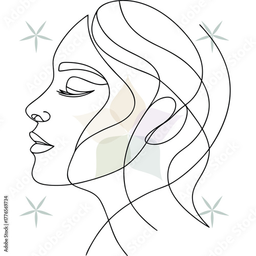 Minimalist continuous line drawing a woman's profile with closed eyes floral abstract beauty single lineart