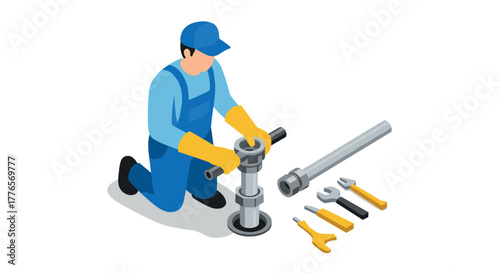 Industrial worker assembling pipes with tools in isometric style
