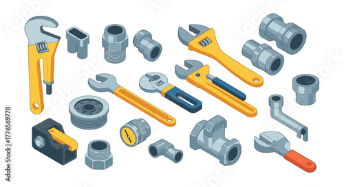 Isometric tool set featuring wrenches and fittings for industrial design projects