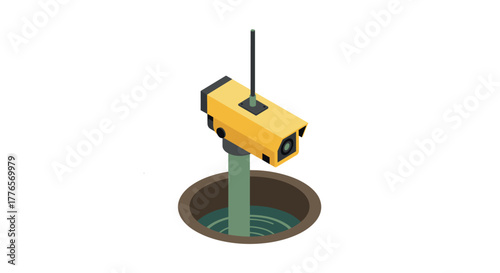 Isometric yellow surveillance camera on pole over open manhole