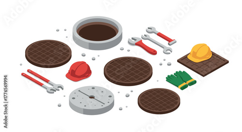 Isometric construction tools and safety gear with manhole covers on white background
