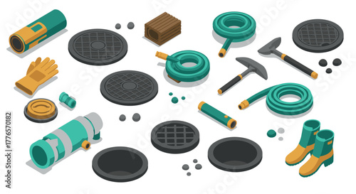 Isometric gardening tools set with hoses and boots