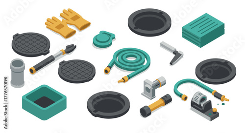 Isometric plumbing tools and equipment collection on white background