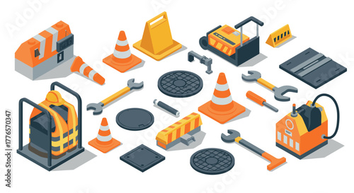 Isometric road traffic construction tools and safety equipment collection